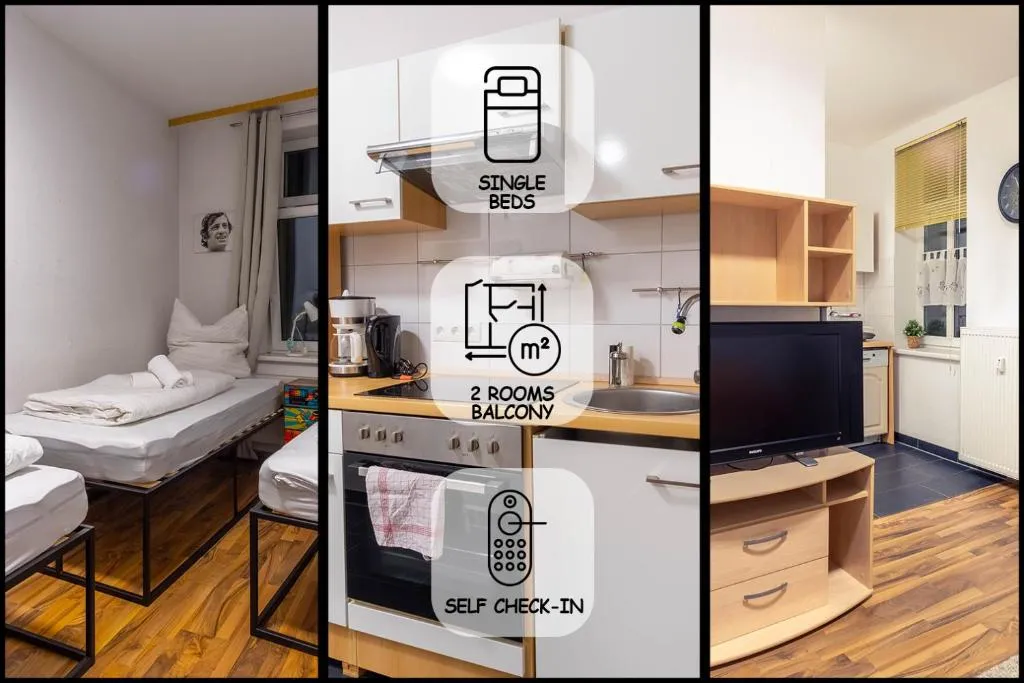 Image of Balkon, Waschmaschine, TV, Einzelbetten, nahe Völkerschlachtsdenkmal